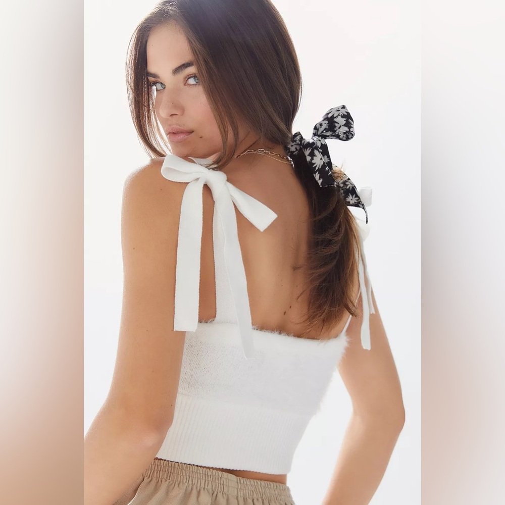 White Fuzzy Crop Top with Bow Straps